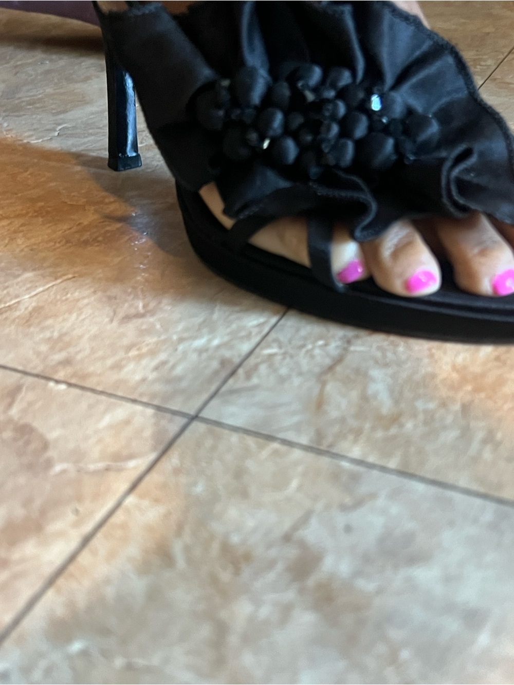 Nina Black Floral Slingback Heels with Gold Strap Accent - Picture 6 of 6